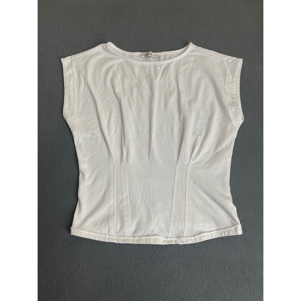 Zenana Top Women S White Cap Sleeve Corset Style Seam Detail Boat Neck T-Shirt